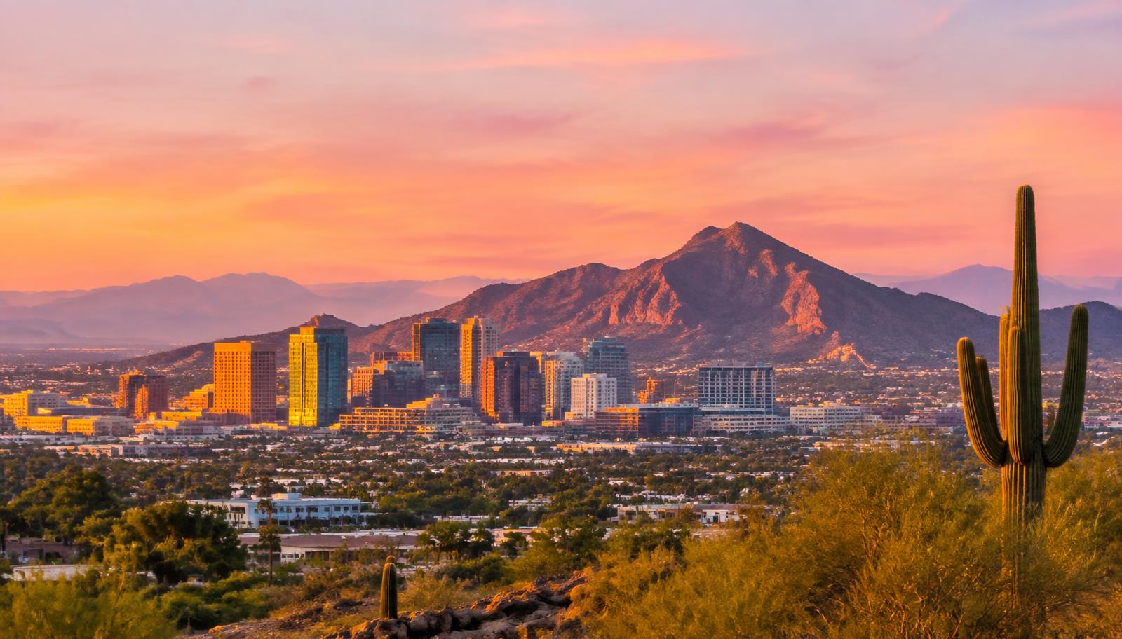 Phoenix Valley skyline with Camelback Mountain at sunset